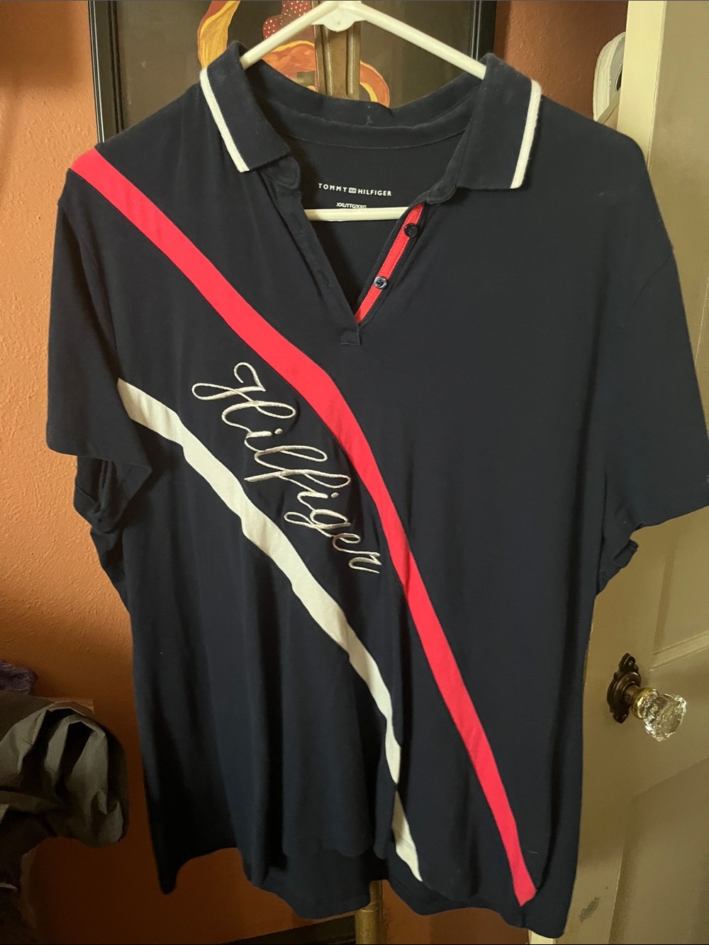 Tommy Hilfiger Navy Polo with Red & White Diagonal Stripes and Script Logo